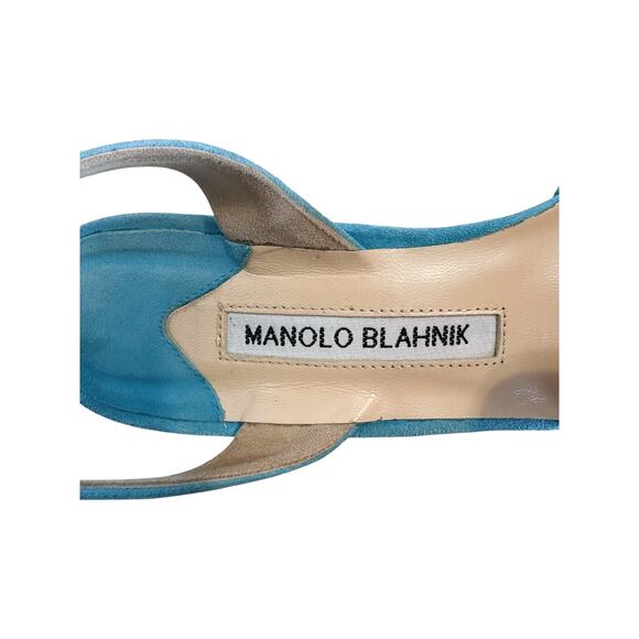 Manolo Blahnik Carolyne Aqua Suede Slingback Pointed Toe Pump 39.5 - Picture 8 of 10
